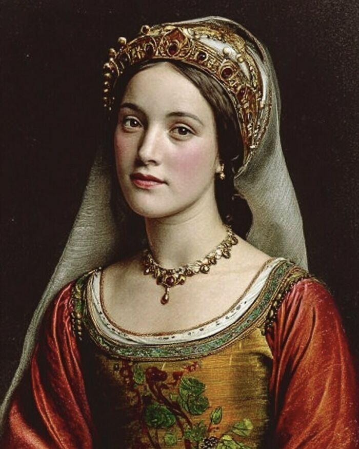 Portrait of a historical woman wearing an ornate crown and jewelry, representing overlooked women in history achievements.