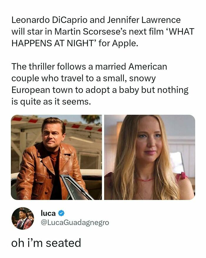 Tweet about new movie starring Leonardo DiCaprio and Jennifer Lawrence with funny movie memes and posts reaction included.