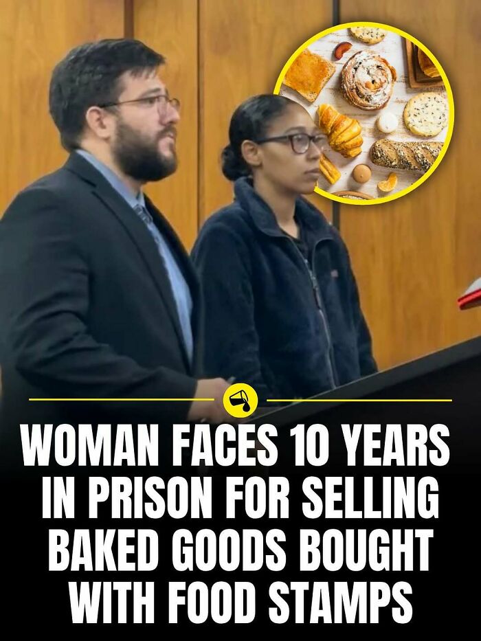 Two people standing in a courtroom with an inset image of assorted baked goods related to spill now photos and facts.