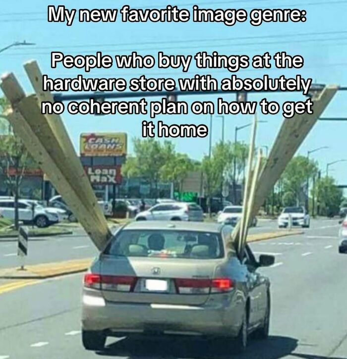 Car carrying long wooden beams awkwardly, illustrating entertaining posts and memes to fight boredom and sadness.