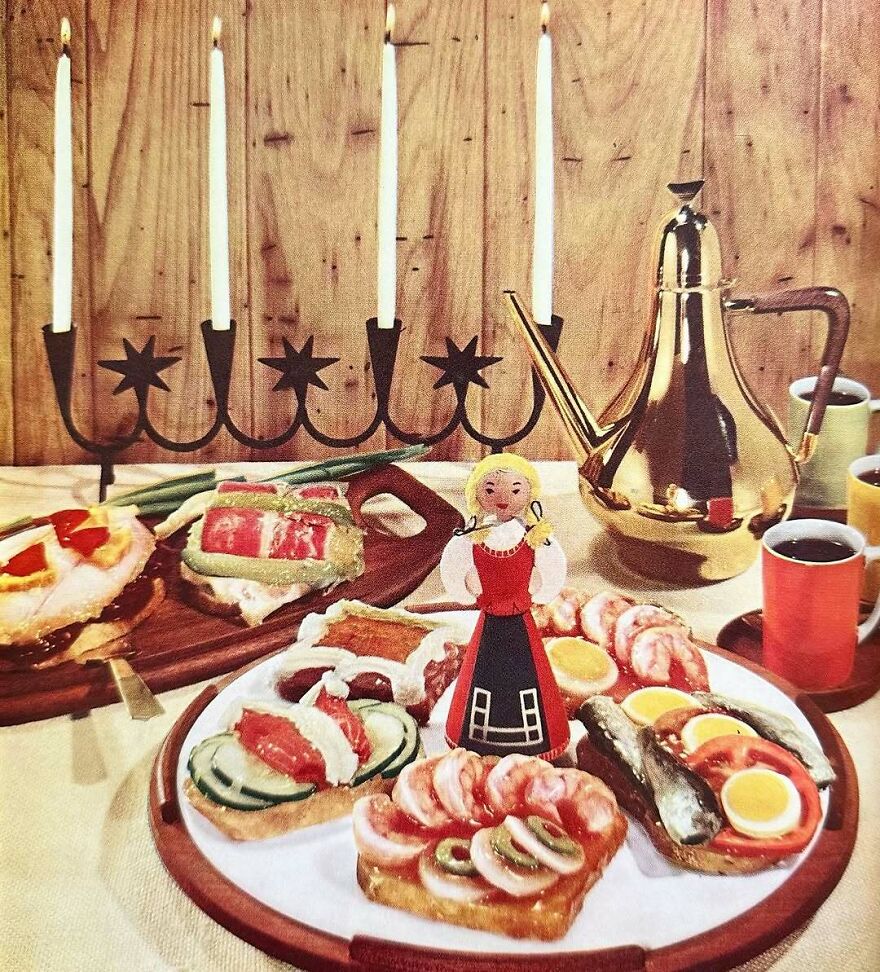 Vintage recipes featuring bizarre open-faced sandwiches with seafood, eggs, and unusual garnishes on a wooden table setting.