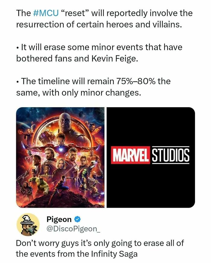 Funny MCU movie meme about the Marvel Studios reset erasing events from the Infinity Saga timeline.