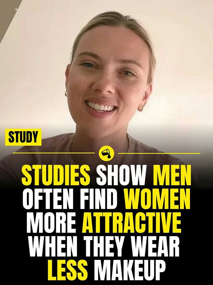 Smiling woman with text about studies showing men find women more attractive with less makeup in Spill Now photos and facts.