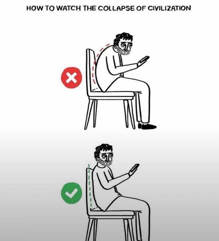 Cartoon showing incorrect and correct sitting posture while using a phone, related to humor memes from Laughgorithm.
