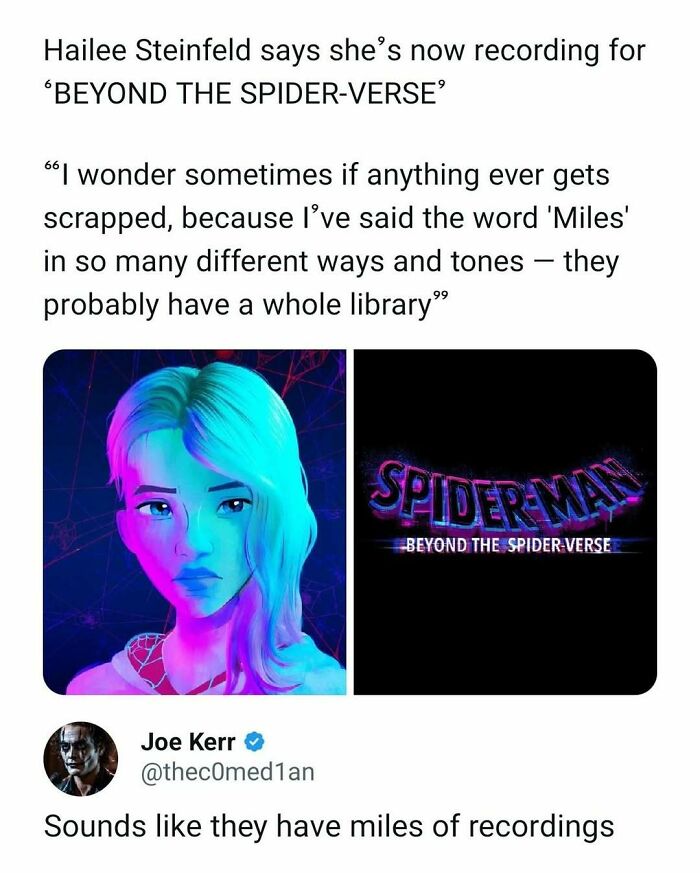 Hailee Steinfeld discusses recording for Beyond The Spider-Verse in a funny movie meme about Miles recordings.