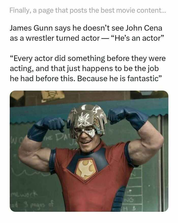 Scene from a movie meme showing John Cena flexing in superhero costume, highlighting funny and interesting movie memes.