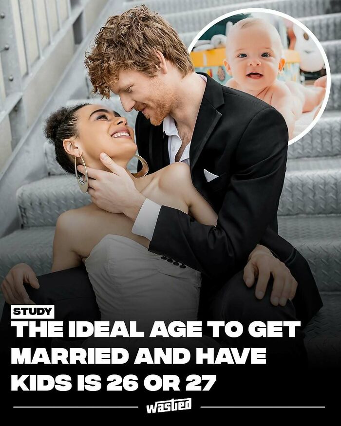 Couple embracing on stairs with inset image of a baby, illustrating ideal age to get married and have kids fact.