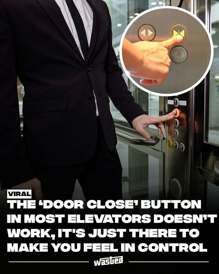 Person in a suit pressing elevator buttons with a close-up of a finger pointing at the door close button, sharing fun facts.