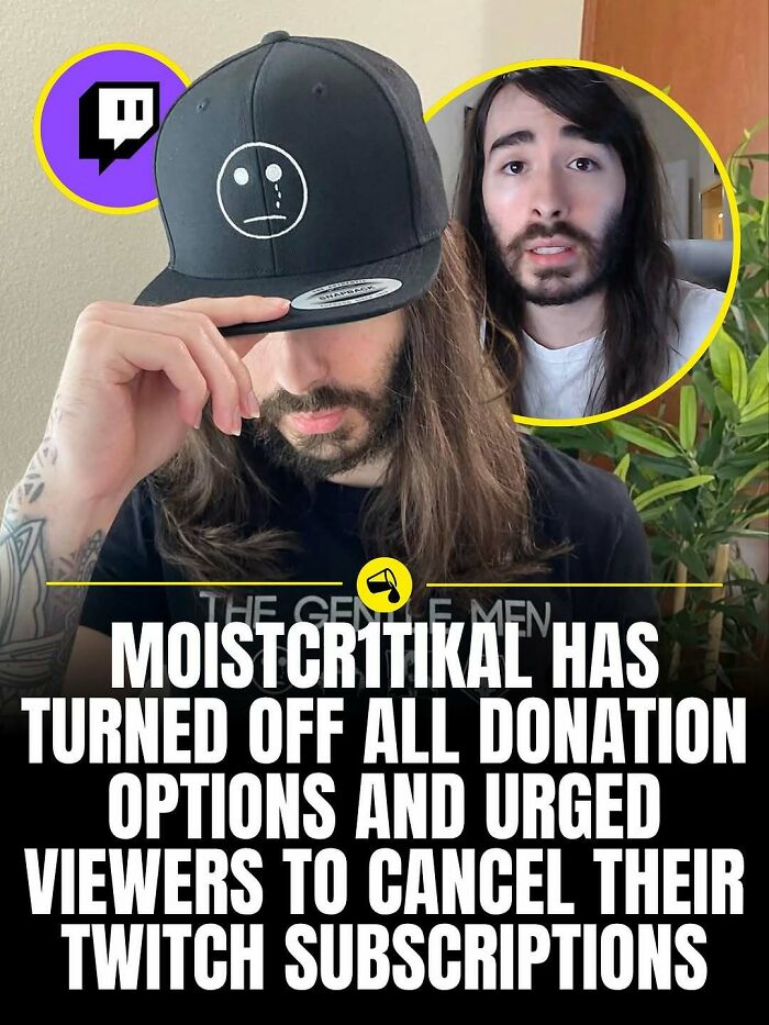 Twitch streamer Moistcr1tikal announces donation options off and urges canceling Twitch subscriptions in a world-changing spill now moment.
