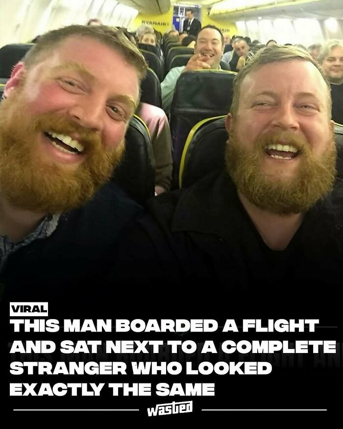 Two men with beards smiling on a flight, showing fun facts and new things about unexpected strangers.