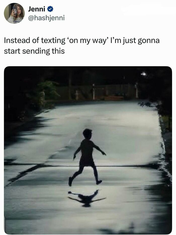 Tweet showing a child running on a street at night, featured in entertaining posts and memes to fight boredom and sadness.