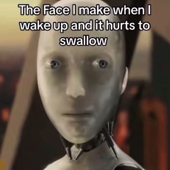 Robot with a pained expression, illustrating entertaining posts and memes to help fight boredom and sadness.