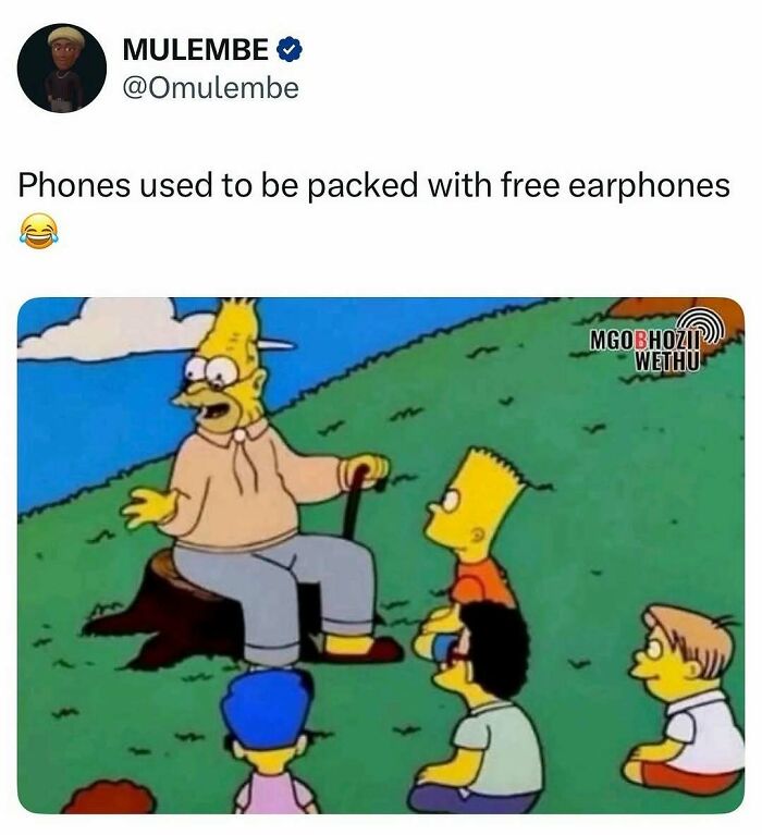 Funny meme about phones and earphones featuring characters from a cartoon, part of entertaining posts and memes to fight boredom.