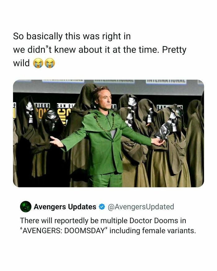 Man in green suit surrounded by cloaked Doctor Doom figures, highlighting funny and interesting movie memes and posts.