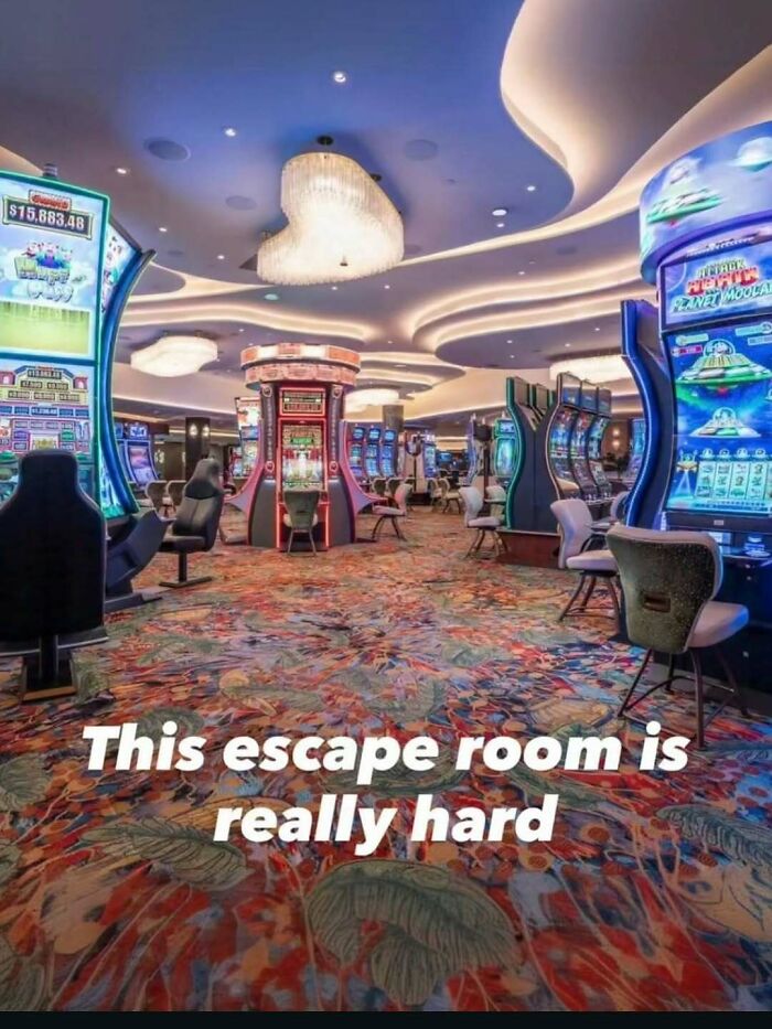 Casino gaming floor with rows of slot machines and text about entertaining posts and memes to fight boredom and sadness.