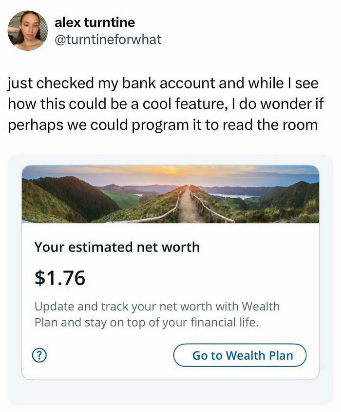 Tweet showing a humorous bank balance and net worth screen as part of entertaining posts and memes to fight boredom.