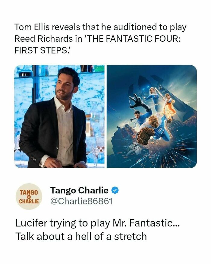 Tom Ellis auditioning for Reed Richards with a funny movie meme about Lucifer and Mr. Fantastic stretch.
