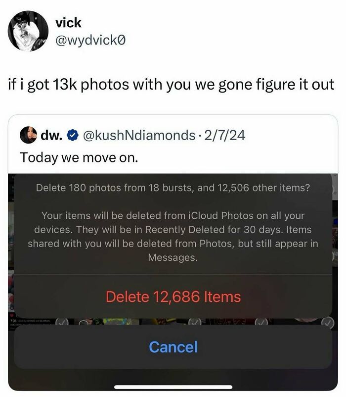 Social media post meme about deleting thousands of photos, relating to entertaining posts and memes to fight boredom and sadness.
