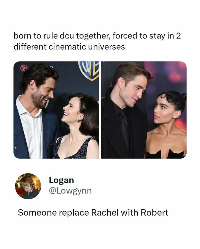 Couples from different cinematic universes shown in funny movie memes highlighting DCU and other film characters.