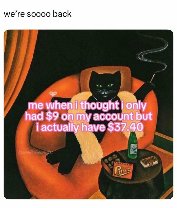 Black cat relaxing with a drink and snacks, a humorous meme to entertain and fight boredom and sadness online.