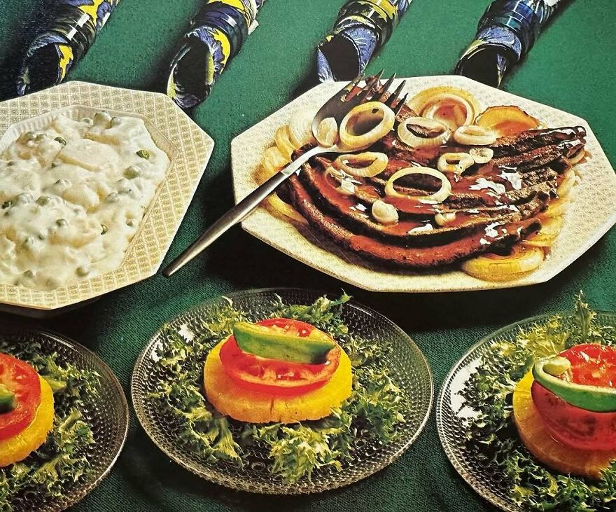 Vintage recipes featuring unusual meat dishes with onions, creamy sides, and decorative vegetable garnishes on a green tablecloth.
