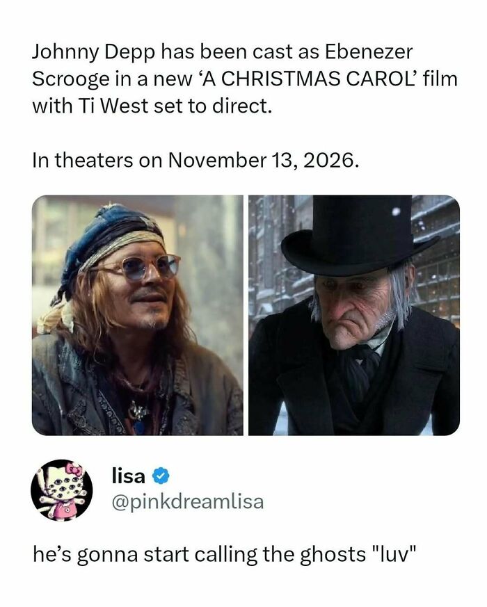 Johnny Depp cast as Ebenezer Scrooge in A Christmas Carol film, paired with a funny movie meme post.