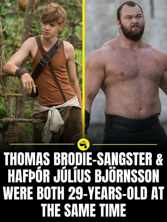 Side-by-side photos of Thomas Brodie-Sangster and Hafþór Júlíus Björnsson illustrating age facts from Spill Now.