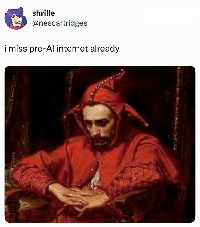 Sad jester in red costume reflecting on pre-AI internet, a relatable entertaining meme to fight boredom and sadness.