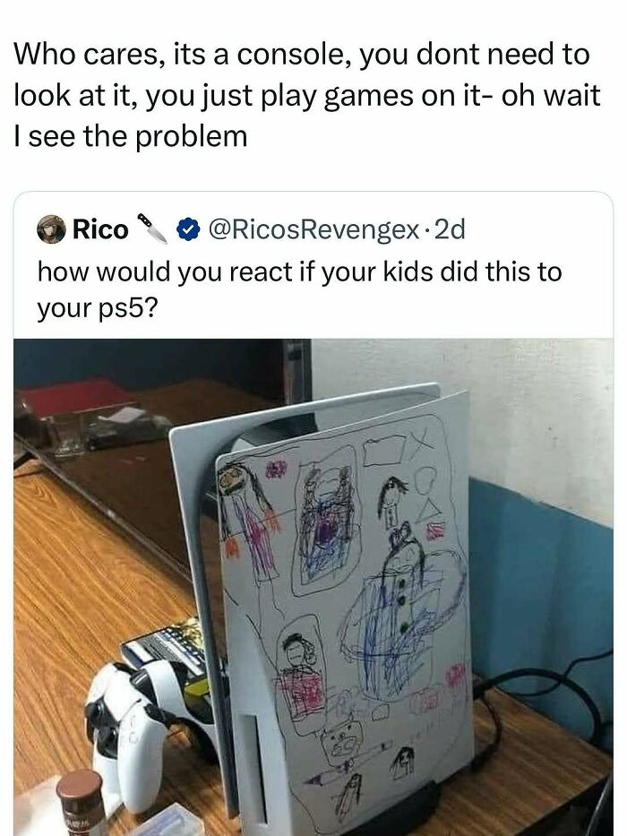 PS5 console covered with kids' colorful drawings, an entertaining post to fight boredom and sadness.