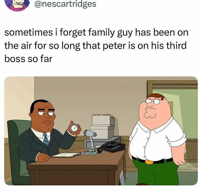 Screenshot of Family Guy meme showing Peter with his third boss, featuring entertaining posts and memes to fight boredom.