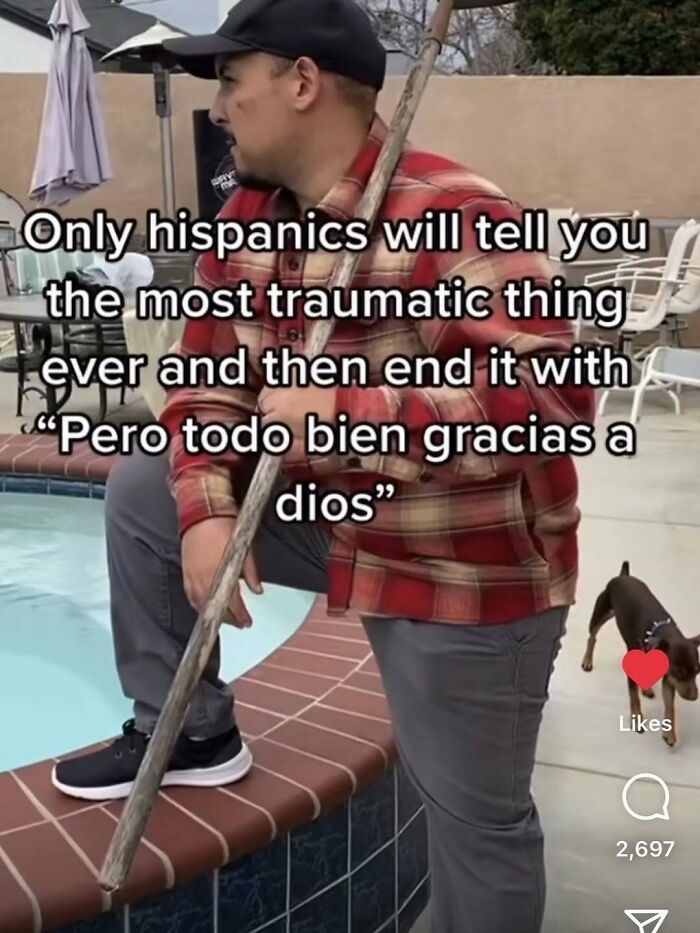 Man in a red plaid shirt leaning on a pole by a pool, with a meme about humor in entertaining posts and memes.