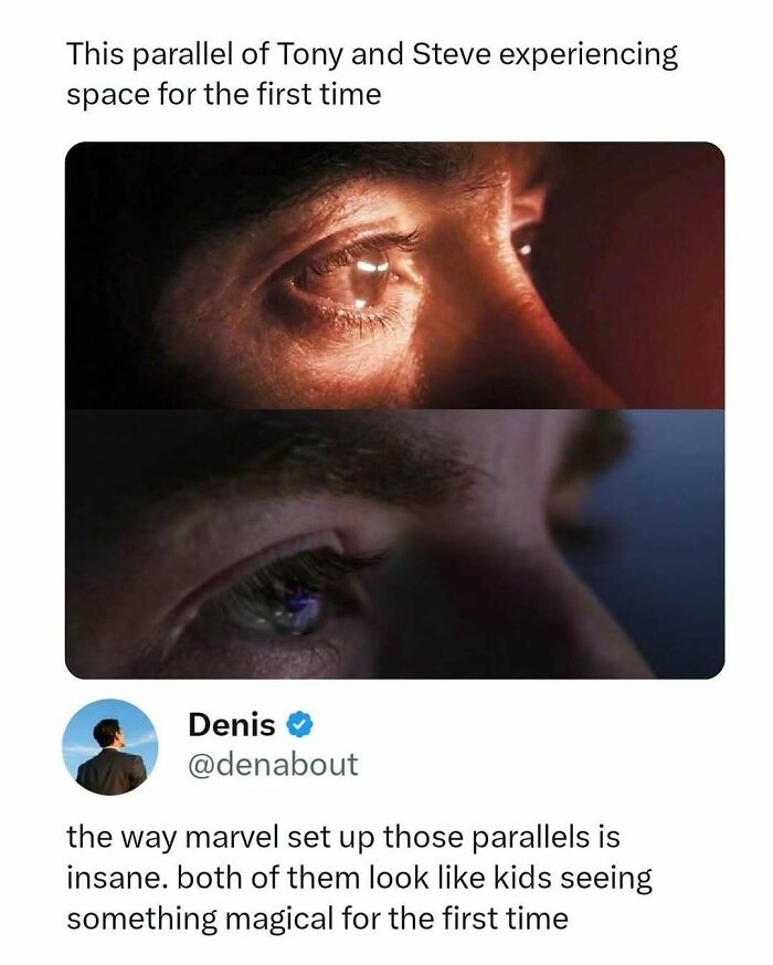 Close-up of Tony and Steve’s eyes in a movie meme showing their amazement, part of funny and interesting movie memes.