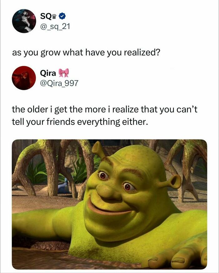 Funny meme post with Shrek character and a tweet about growing up and realizing you can’t tell friends everything, entertaining content.