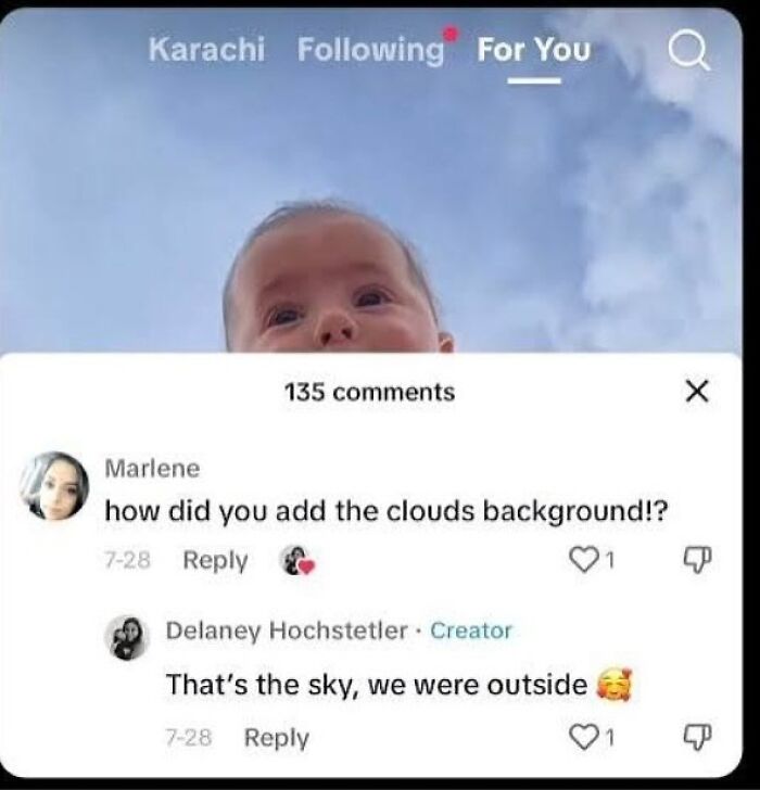 TikTok post showing a funny comment about clouds background with a playful reply to fight boredom and sadness.