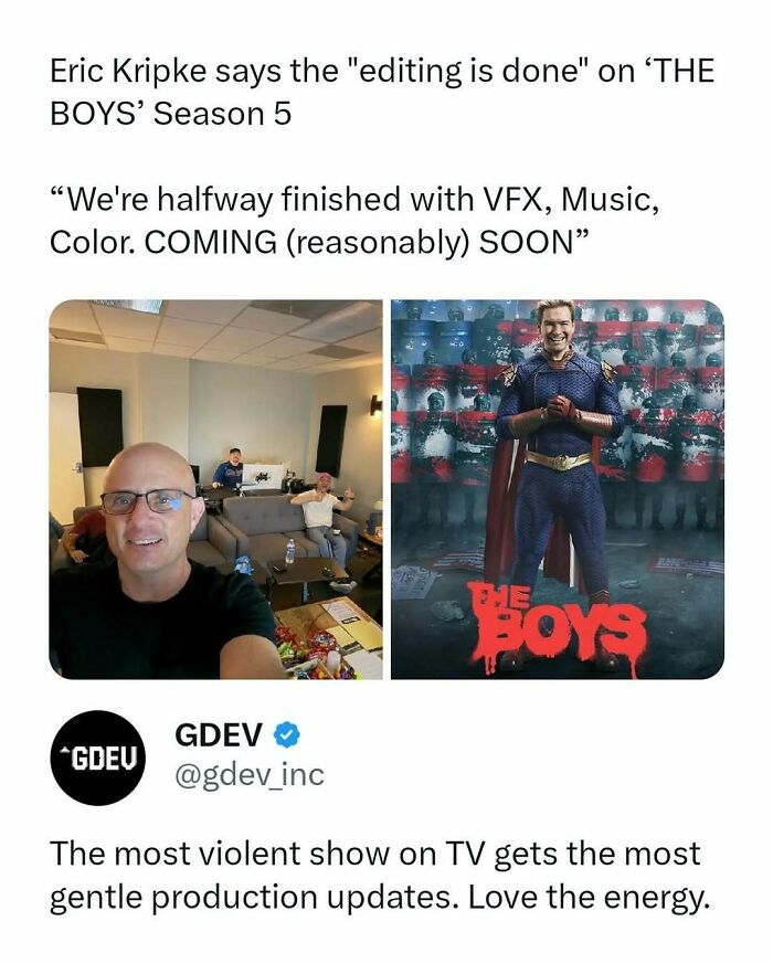 Eric Kripke shares movie memes about The Boys Season 5 editing and production updates with humorous posts.
