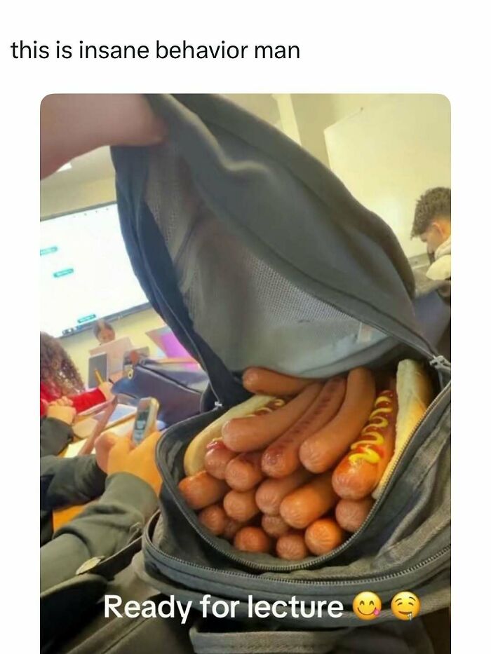 Backpack filled with hot dogs and mustard in a classroom, an entertaining post to fight boredom and sadness.