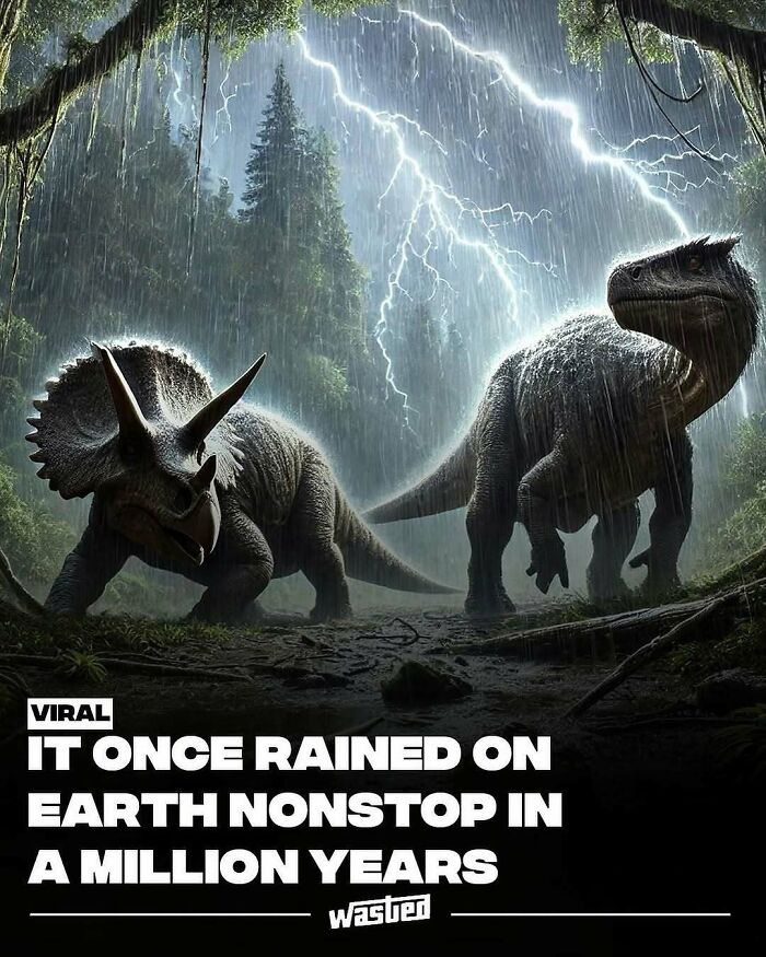 Dinosaurs in a forest with heavy rain and lightning, illustrating fun facts shared by 18.2M people on this page.