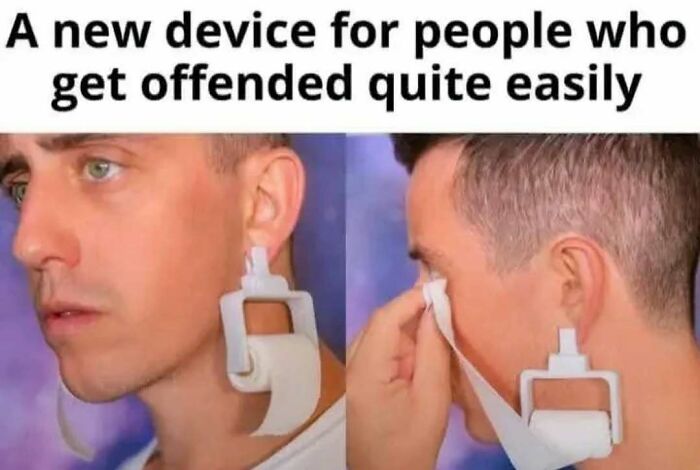Man demonstrating a humorous device for people who get offended easily in a funny meme from Laughgorithm collection.