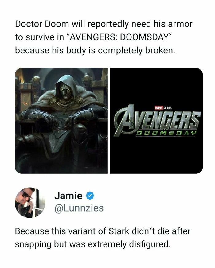 Meme about Doctor Doom needing armor to survive in Avengers Doomsday, part of funny and interesting movie memes.