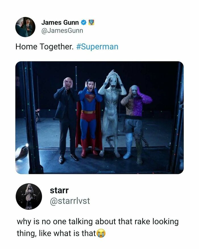 Tweet showing actors in movie costumes posing humorously, highlighting funny and interesting movie memes and posts.