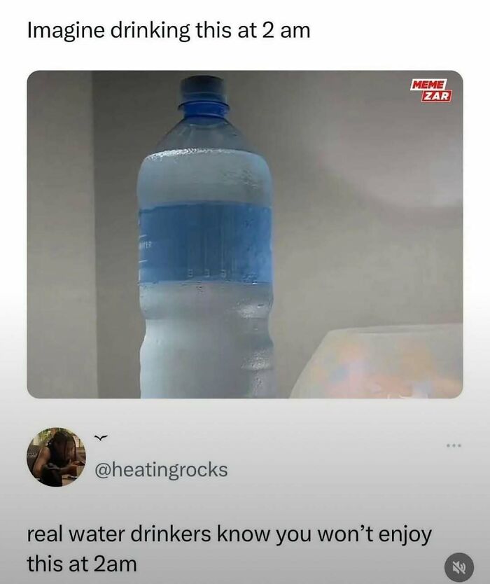 Memes from Laughgorithm showing a cold water bottle with a funny 2 am drinking caption and user comment.