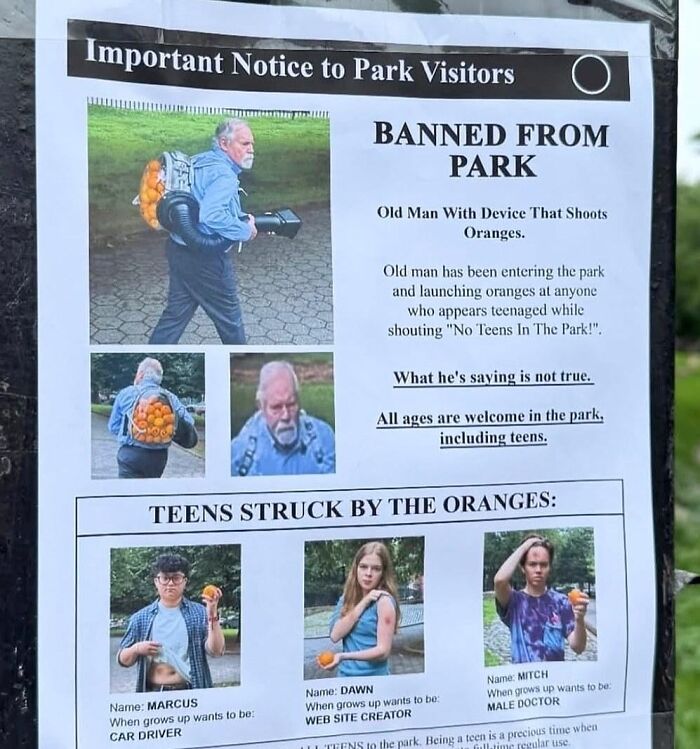 Elderly man with orange-shooting device humorously banned from park in entertaining posts and memes fight boredom and sadness