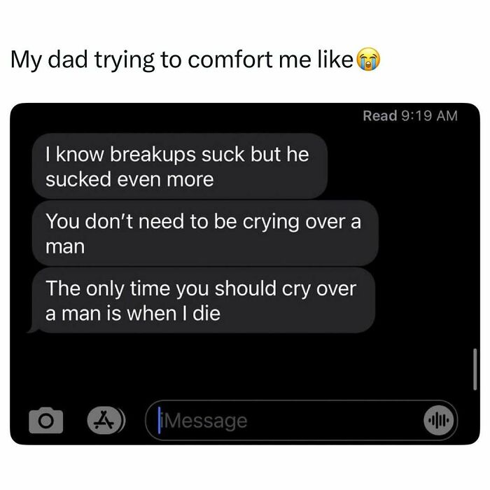 Text message showing a dad trying to comfort his child with entertaining posts and memes to fight boredom and sadness.