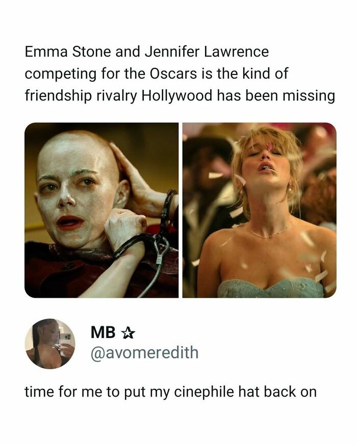 Funny and interesting movie memes showing Emma Stone and Jennifer Lawrence rivalry for the Oscars in a humorous way.
