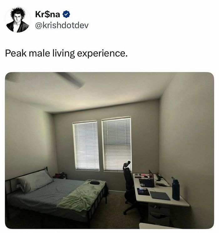 Minimalist bedroom and workspace with bed and desk, featured in entertaining posts and memes to fight boredom and sadness.