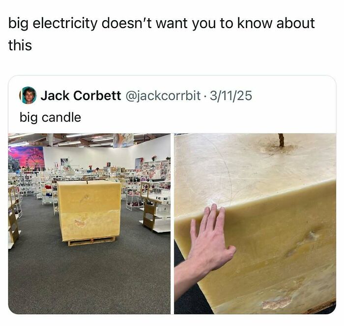 Gigantic candle in a store setting, showcased in two images to entertain and fight boredom and sadness.