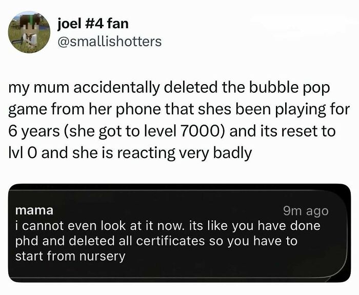 Funny meme about a mom upset after deleting a bubble pop game, part of entertaining posts to fight boredom.