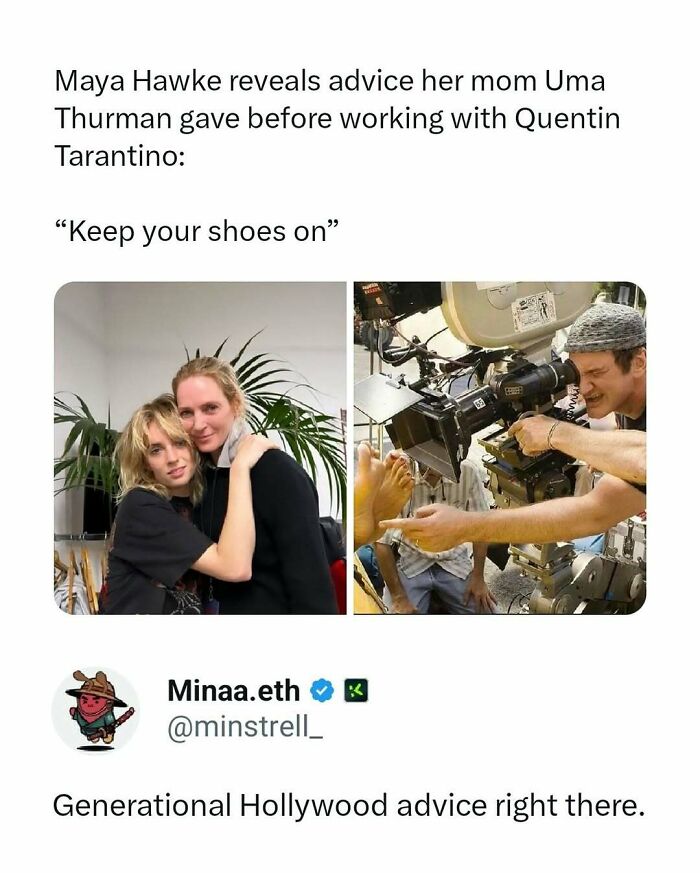 Maya Hawke shares funny movie meme about advice from Uma Thurman before working with Quentin Tarantino.