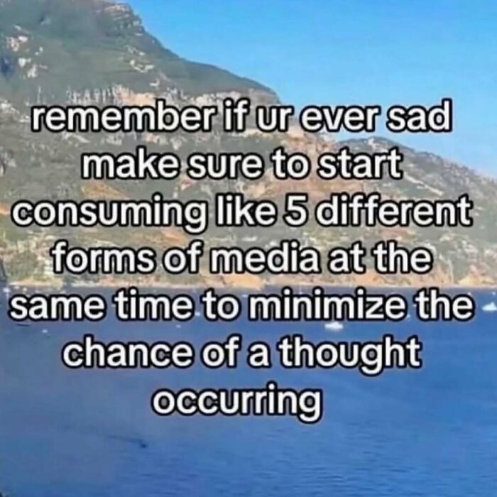 Meme with advice on consuming multiple forms of media to help fight boredom and sadness, set against a mountain and lake background.