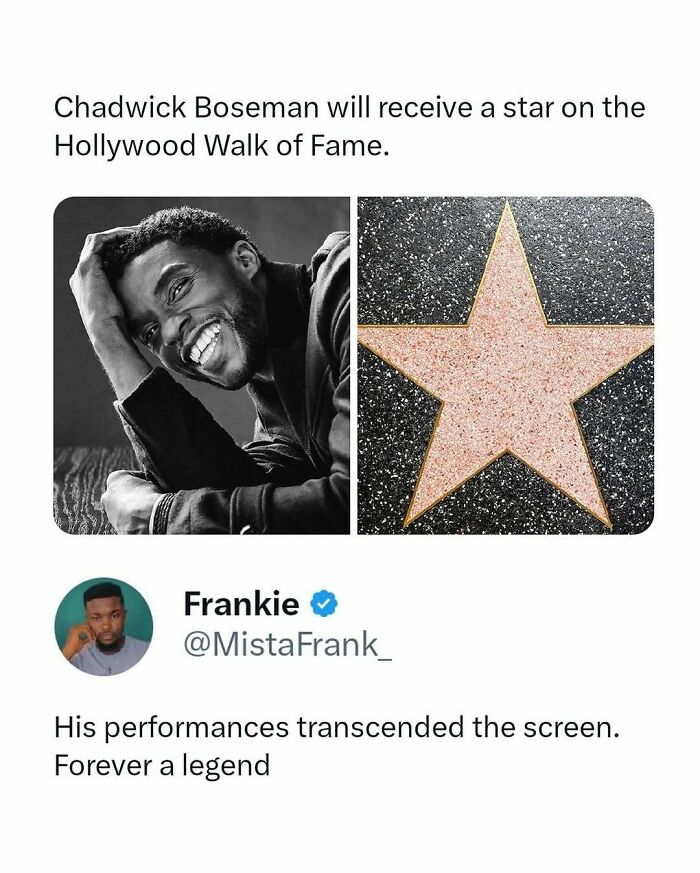 Image showing a tribute to Chadwick Boseman with a Hollywood Walk of Fame star and a touching movie meme post.